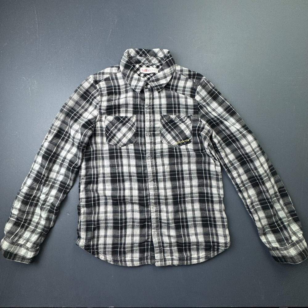 Billabong Flannel Shirt Women's Medium Black White Plaid Button Up Long Sleeve